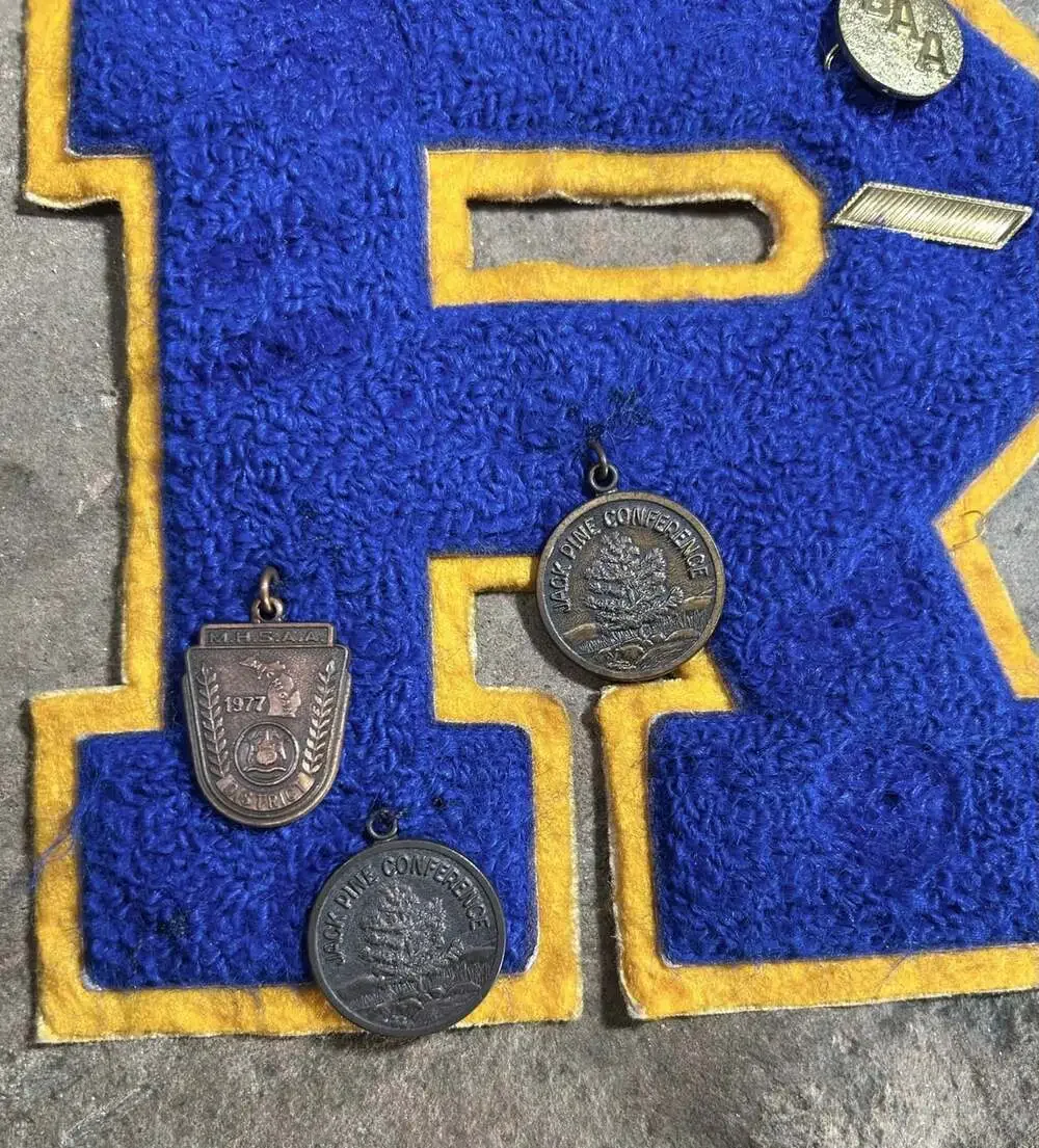 Vintage Blue And Yellow R Chenille Varsity Letter with sports pins 1980